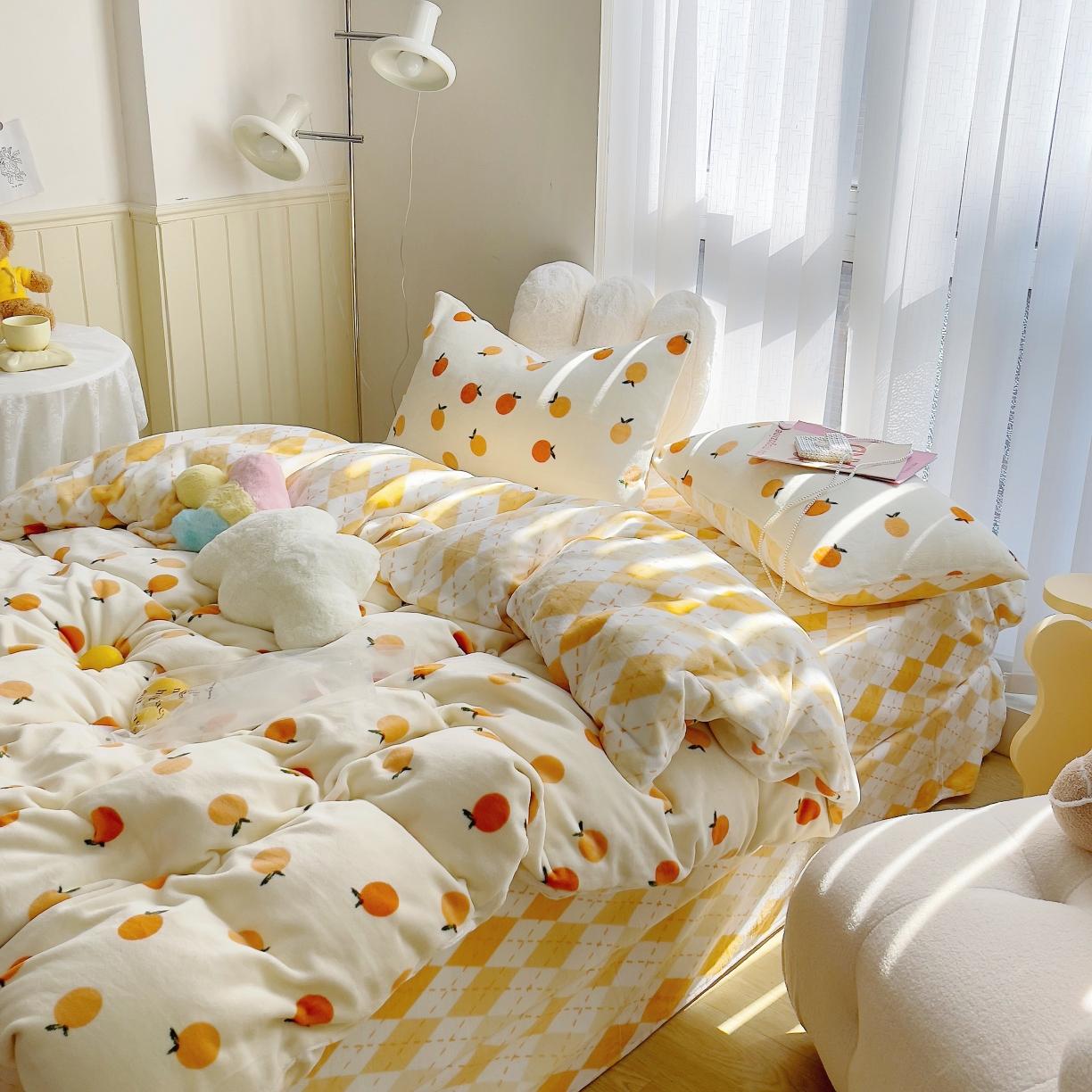 91家纺网 家纺一手货源 找家纺 圆岛 2021新款高克重牛奶绒ins小清新四件套 小甘桔