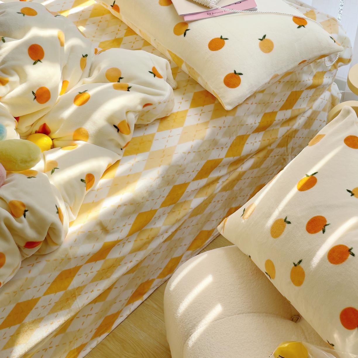 91家纺网 家纺一手货源 找家纺 圆岛 2021新款高克重牛奶绒ins小清新四件套 小甘桔