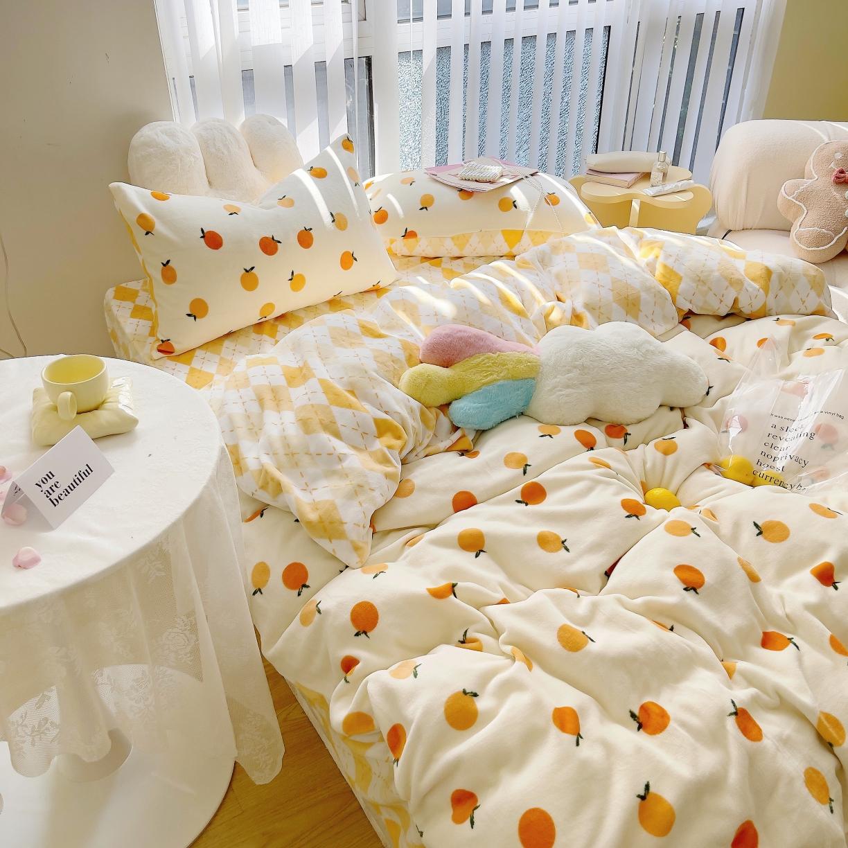 91家纺网 家纺一手货源 找家纺 圆岛 2021新款高克重牛奶绒ins小清新四件套 小甘桔