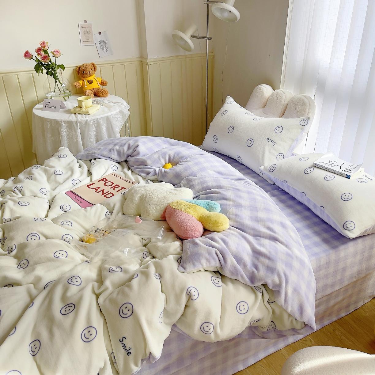 91家纺网 家纺一手货源 找家纺 圆岛 2021新款高克重牛奶绒ins小清新四件套 笑脸