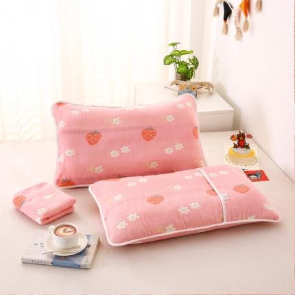 91家纺网 家纺一手货源 找家纺 朴尔-2021年全棉卡通六层纱布儿童枕套 甜甜草莓粉30X50cm