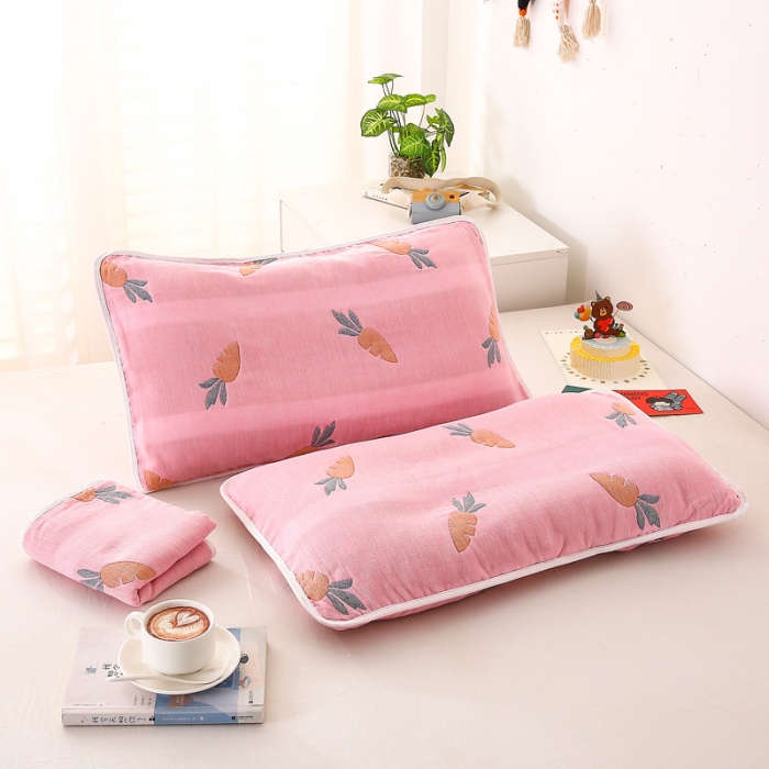 91家纺网 家纺一手货源 找家纺 朴尔-2021年全棉卡通六层纱布儿童枕套 多彩胡萝卜粉30X50cm