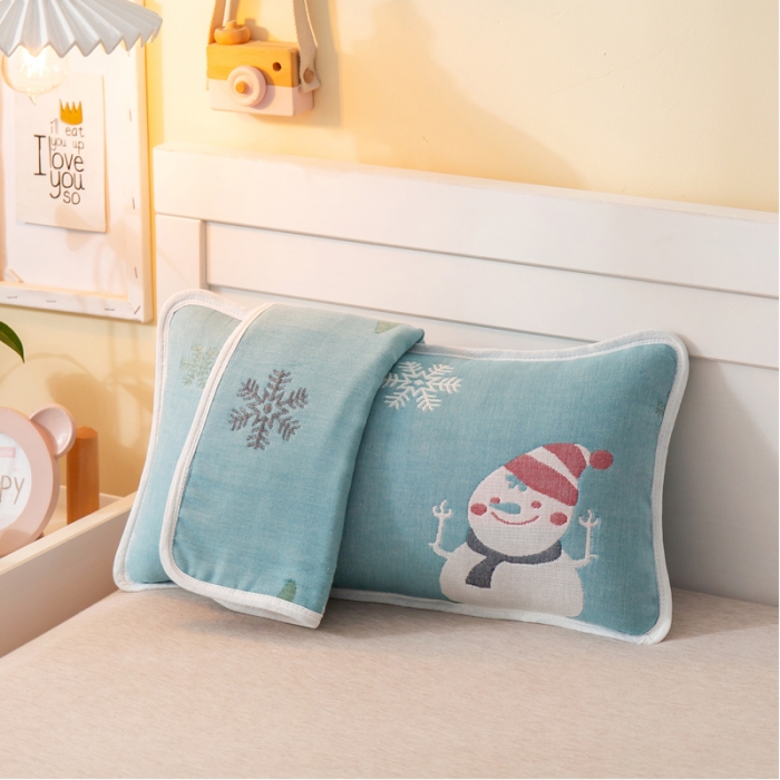 91家纺网 家纺一手货源 找家纺 朴尔 2021年新款全棉六层纱布儿童枕套 雪人兰-40X60cm