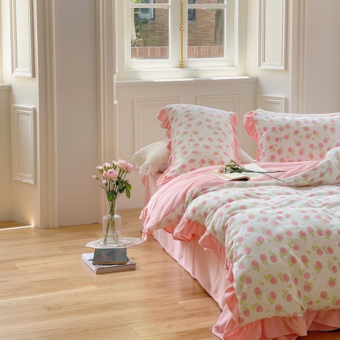 91家纺网 家纺一手货源 找家纺 圆岛 2021新款法式浪漫牛奶绒四件套 贝拉粉