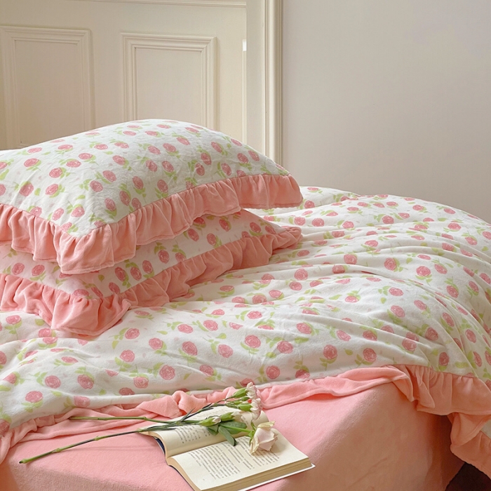 91家纺网 家纺一手货源 找家纺 圆岛 2021新款法式浪漫牛奶绒四件套 贝拉粉