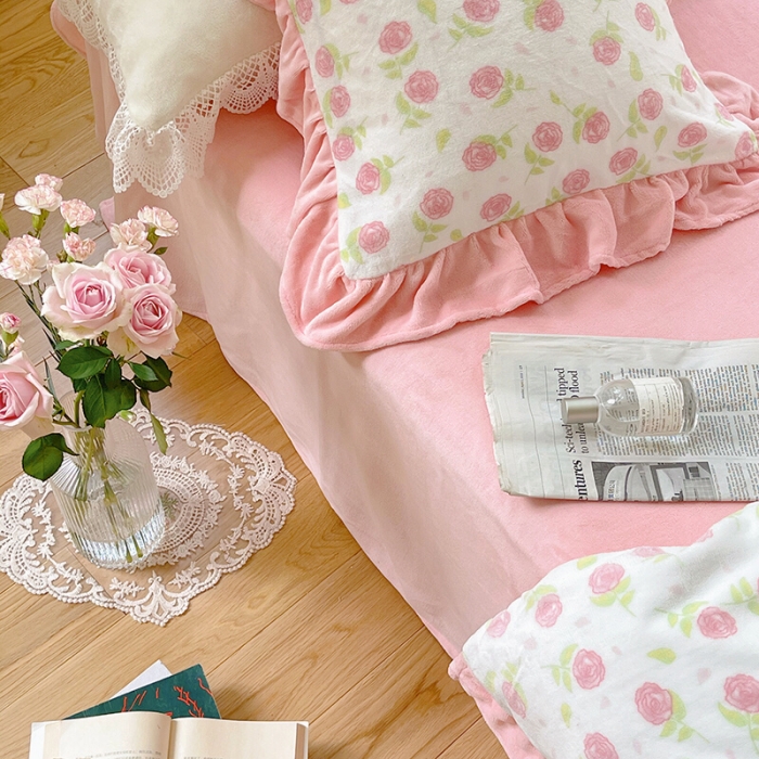 91家纺网 家纺一手货源 找家纺 圆岛 2021新款法式浪漫牛奶绒四件套 贝拉粉