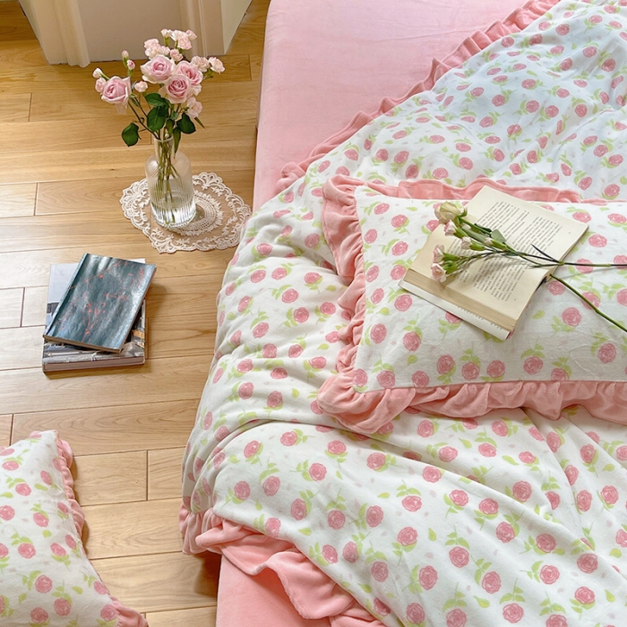 91家纺网 家纺一手货源 找家纺 圆岛 2021新款法式浪漫牛奶绒四件套 贝拉粉