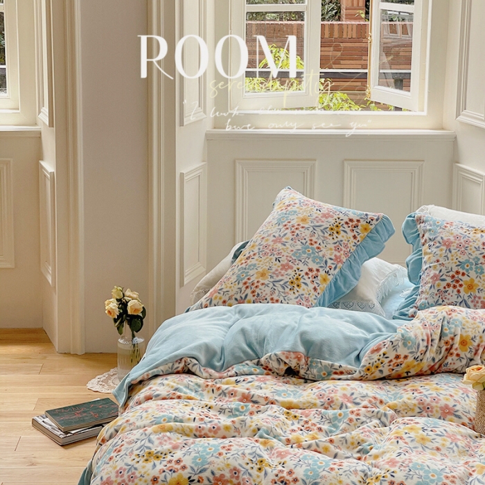 91家纺网 家纺一手货源 找家纺 圆岛 2021新款法式浪漫牛奶绒四件套 花间 兰