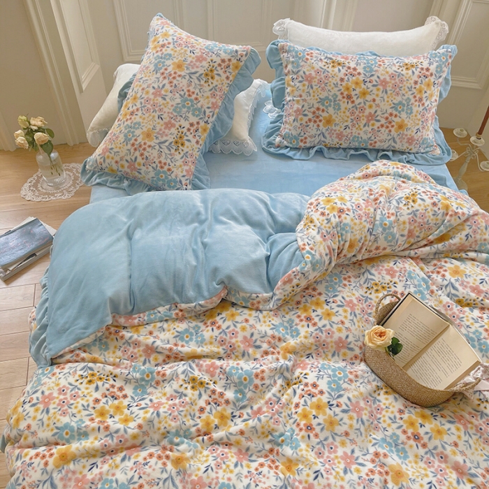 91家纺网 家纺一手货源 找家纺 圆岛 2021新款法式浪漫牛奶绒四件套 花间 兰