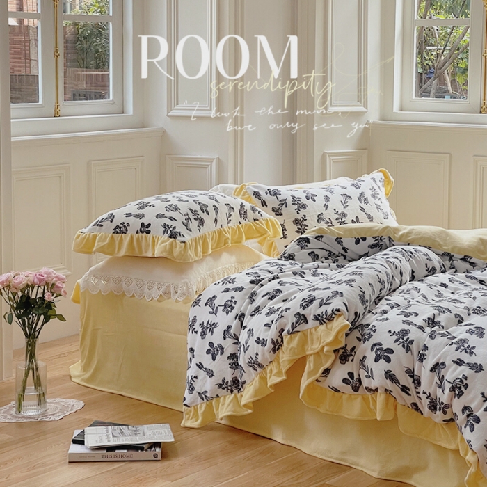 91家纺网 家纺一手货源 找家纺 圆岛 2021新款法式浪漫牛奶绒四件套 墨黛 米黄