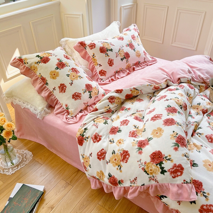 91家纺网 家纺一手货源 找家纺 圆岛 2021新款法式浪漫牛奶绒四件套 牡丹 洋粉