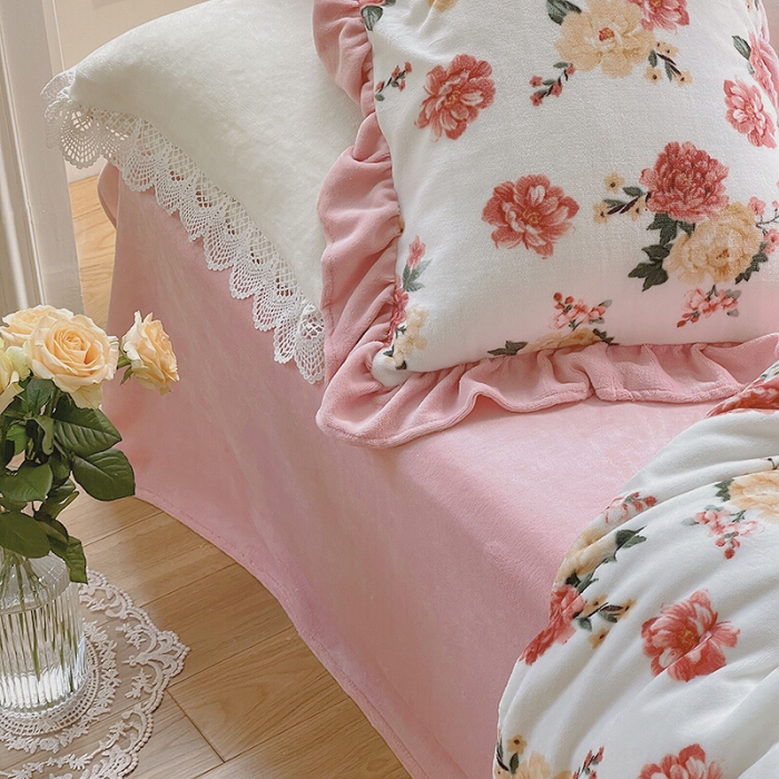 91家纺网 家纺一手货源 找家纺 圆岛 2021新款法式浪漫牛奶绒四件套 牡丹 洋粉