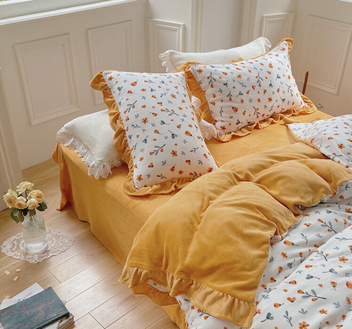91家纺网 家纺一手货源 找家纺 圆岛 2021新款法式浪漫牛奶绒四件套 秋意 橙