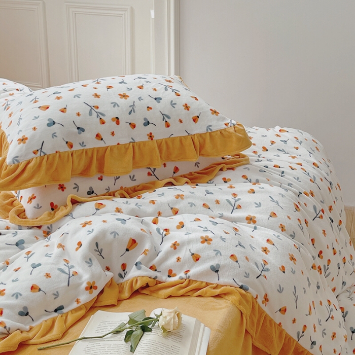 91家纺网 家纺一手货源 找家纺 圆岛 2021新款法式浪漫牛奶绒四件套 秋意 橙