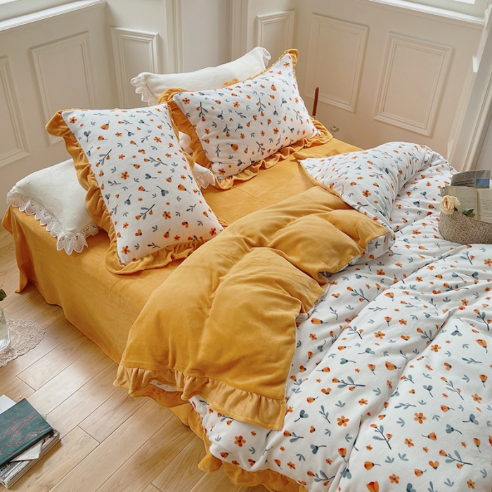 91家纺网 家纺一手货源 找家纺 圆岛 2021新款法式浪漫牛奶绒四件套 秋意 橙