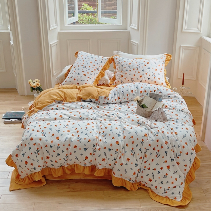 91家纺网 家纺一手货源 找家纺 圆岛 2021新款法式浪漫牛奶绒四件套 秋意 橙