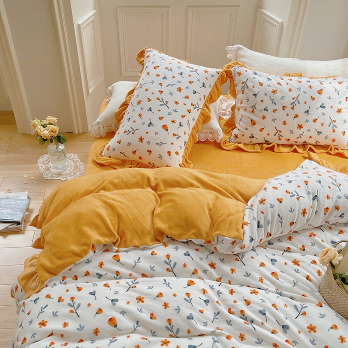 91家纺网 家纺一手货源 找家纺 圆岛 2021新款法式浪漫牛奶绒四件套 秋意 橙