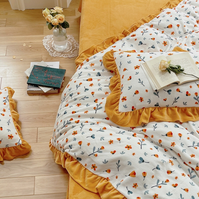 91家纺网 家纺一手货源 找家纺 圆岛 2021新款法式浪漫牛奶绒四件套 秋意 橙