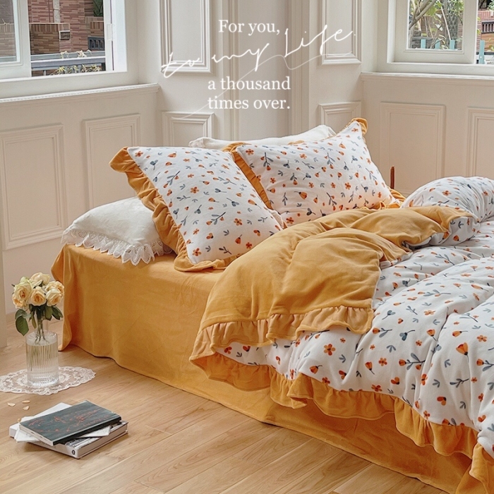 91家纺网 家纺一手货源 找家纺 圆岛 2021新款法式浪漫牛奶绒四件套 秋意 橙