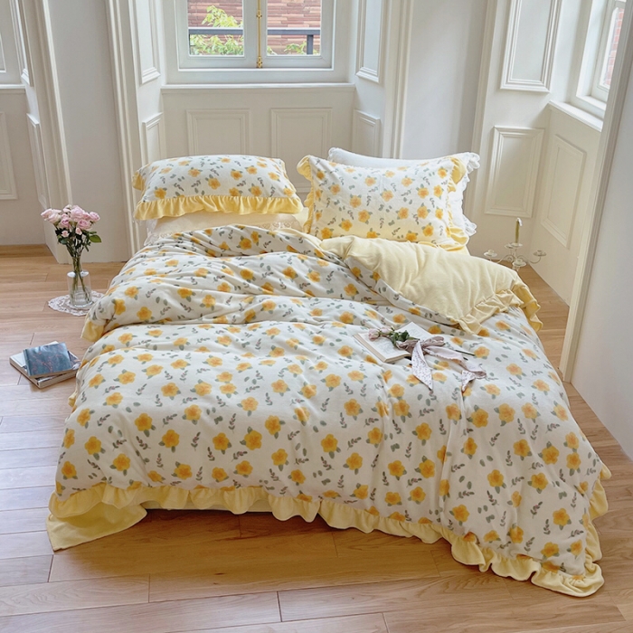 91家纺网 家纺一手货源 找家纺 圆岛 2021新款法式浪漫牛奶绒四件套 星蔓 奶油黄