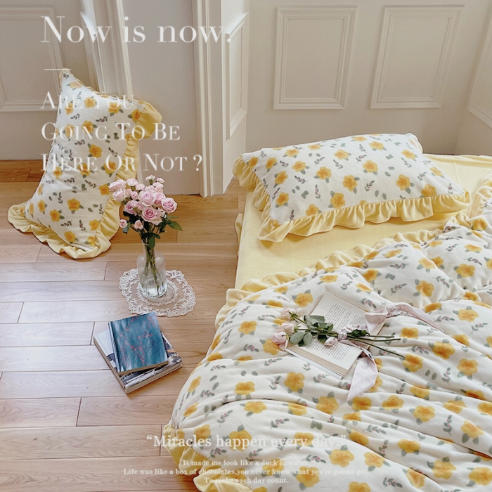 91家纺网 家纺一手货源 找家纺 圆岛 2021新款法式浪漫牛奶绒四件套 星蔓 奶油黄