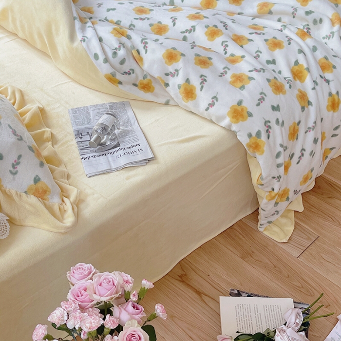 91家纺网 家纺一手货源 找家纺 圆岛 2021新款法式浪漫牛奶绒四件套 星蔓 奶油黄