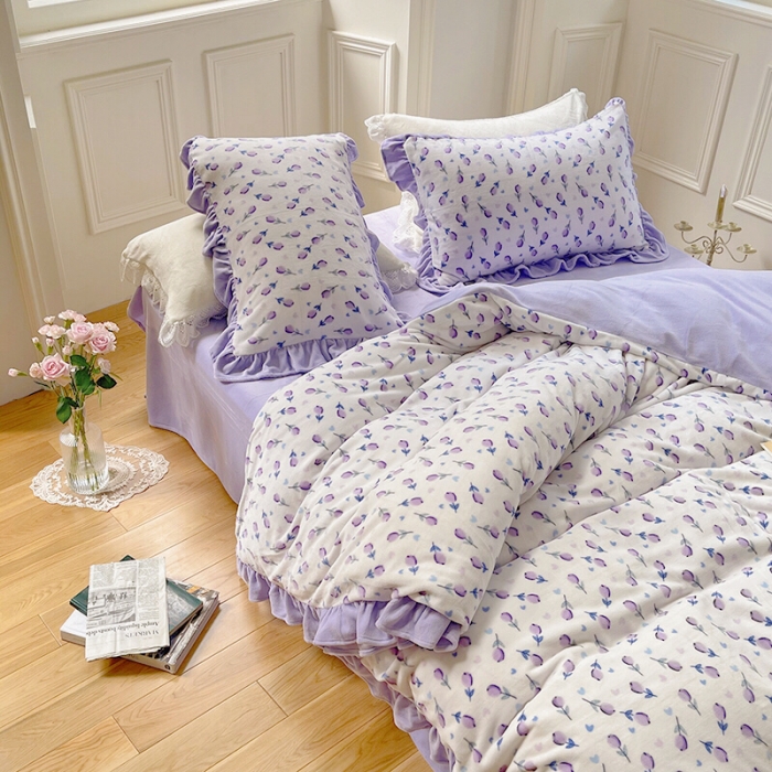 91家纺网 家纺一手货源 找家纺 圆岛 2021新款法式浪漫牛奶绒四件套 郁金香 紫