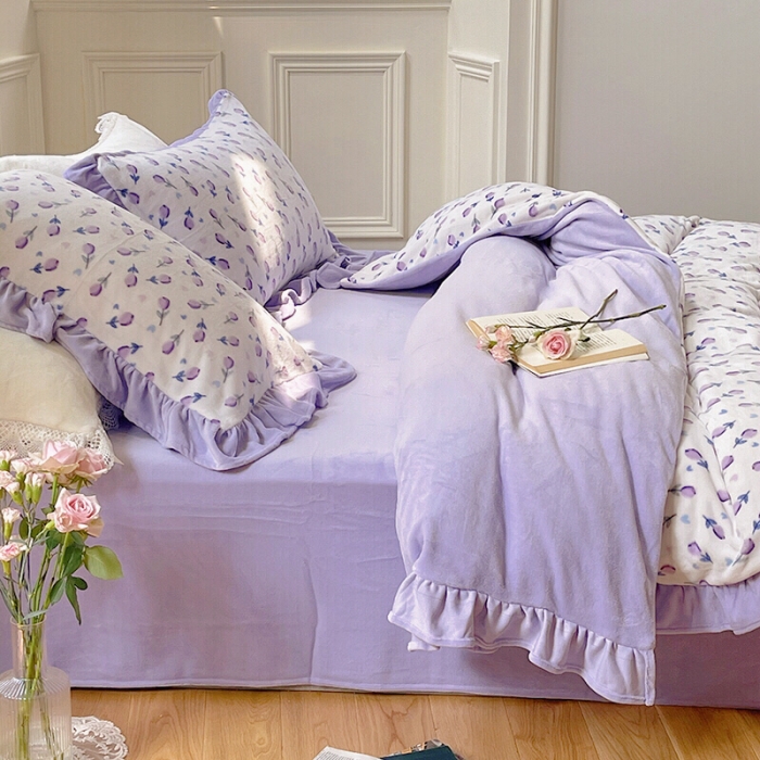 91家纺网 家纺一手货源 找家纺 圆岛 2021新款法式浪漫牛奶绒四件套 郁金香 紫