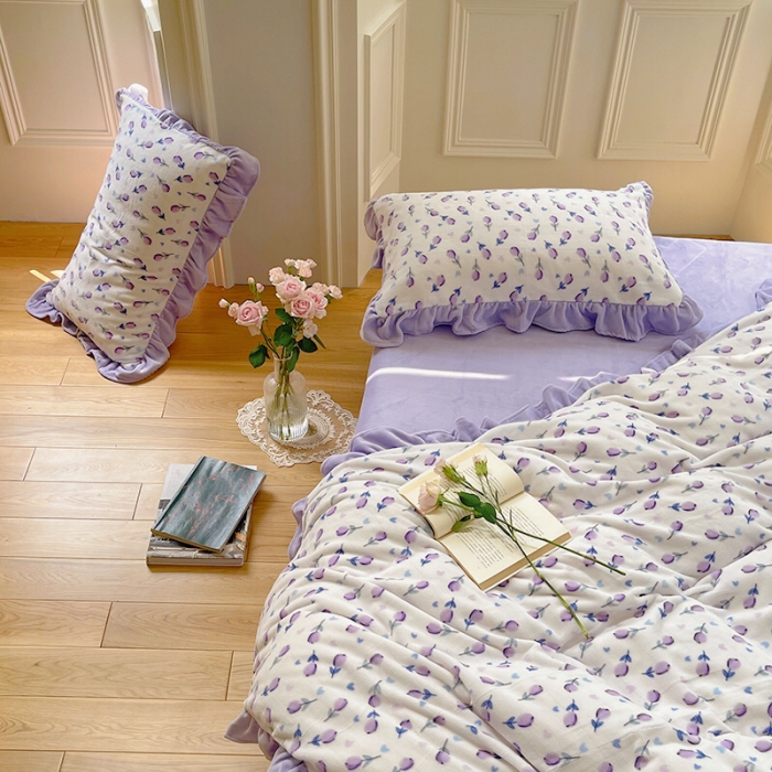 91家纺网 家纺一手货源 找家纺 圆岛 2021新款法式浪漫牛奶绒四件套 郁金香 紫