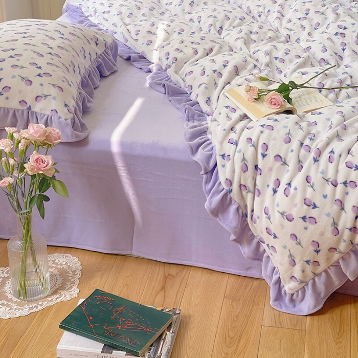 91家纺网 家纺一手货源 找家纺 圆岛 2021新款法式浪漫牛奶绒四件套 郁金香 紫