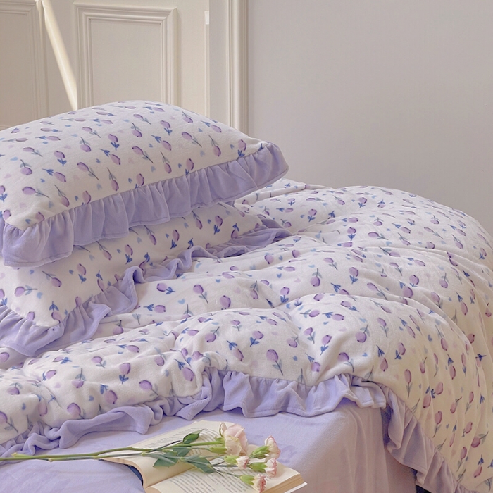 91家纺网 家纺一手货源 找家纺 圆岛 2021新款法式浪漫牛奶绒四件套 郁金香 紫