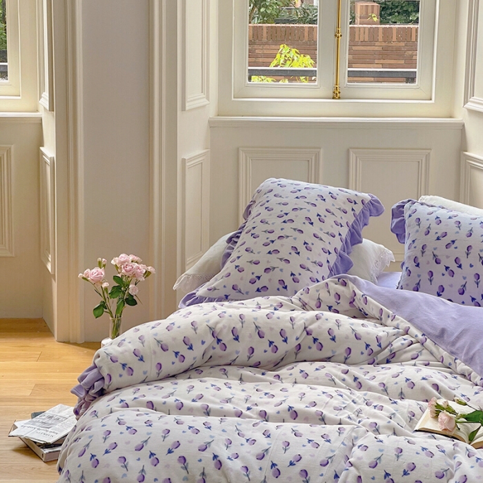 91家纺网 家纺一手货源 找家纺 圆岛 2021新款法式浪漫牛奶绒四件套 郁金香 紫