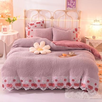 91家纺网 家纺一手货源 找家纺 眠博士 2021新款直播 羊羔绒蕾丝花边系列四件套苹果乐园紫
