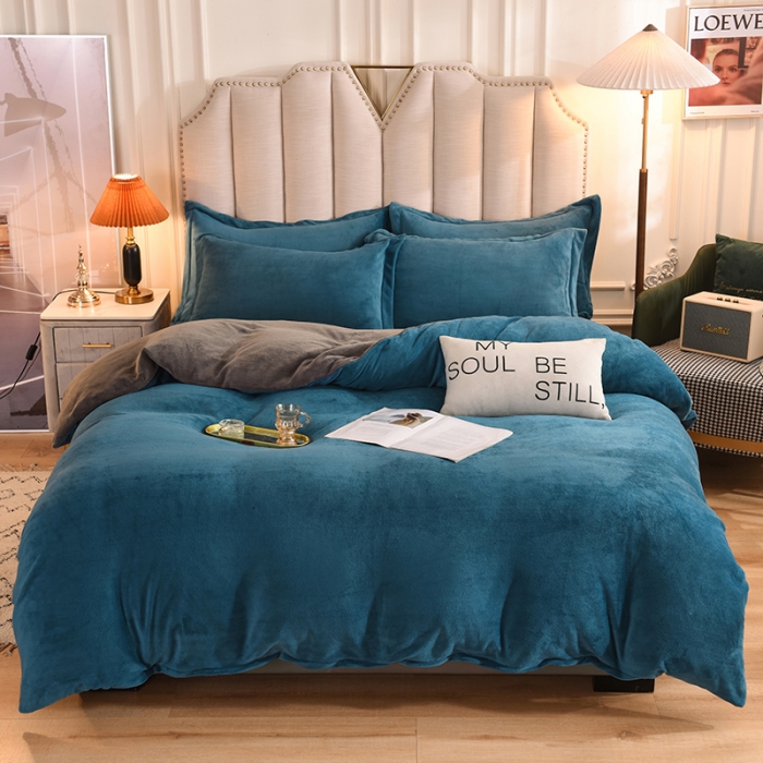 91家纺网 家纺一手货源 找家纺 甜之梦2025新款牛奶绒四件套（可定制尺寸） 宝石蓝＋深灰