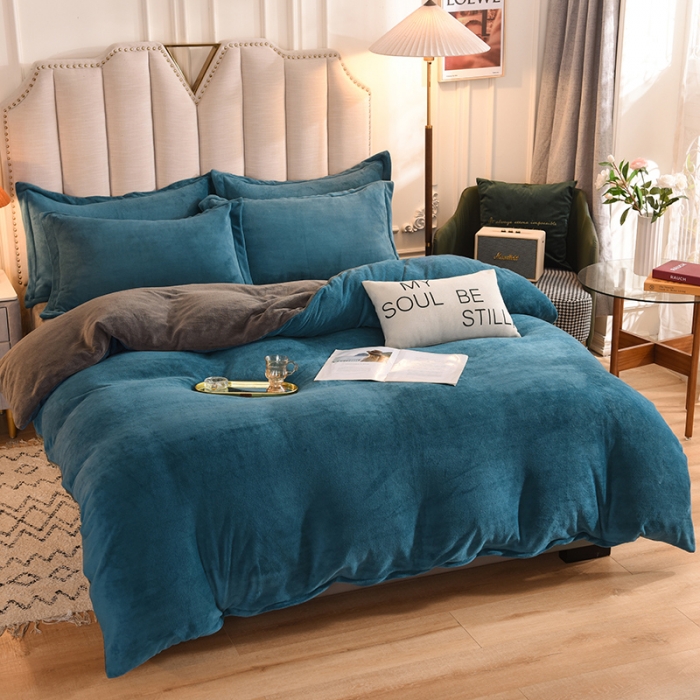 91家纺网 家纺一手货源 找家纺 甜之梦2025新款牛奶绒四件套（可定制尺寸） 宝石蓝＋深灰