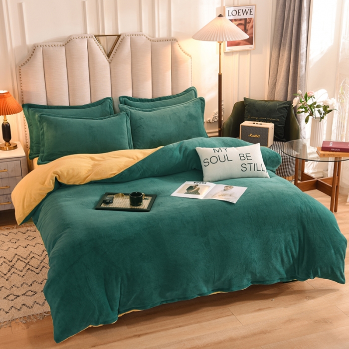 91家纺网 家纺一手货源 找家纺 甜之梦家纺2025新款牛奶绒四件套（可定制尺寸） 墨绿＋嫩黄