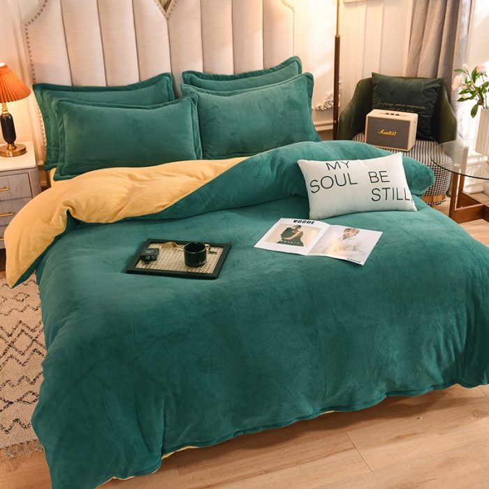 91家纺网 家纺一手货源 找家纺 甜之梦家纺2025新款牛奶绒四件套（可定制尺寸） 墨绿＋嫩黄