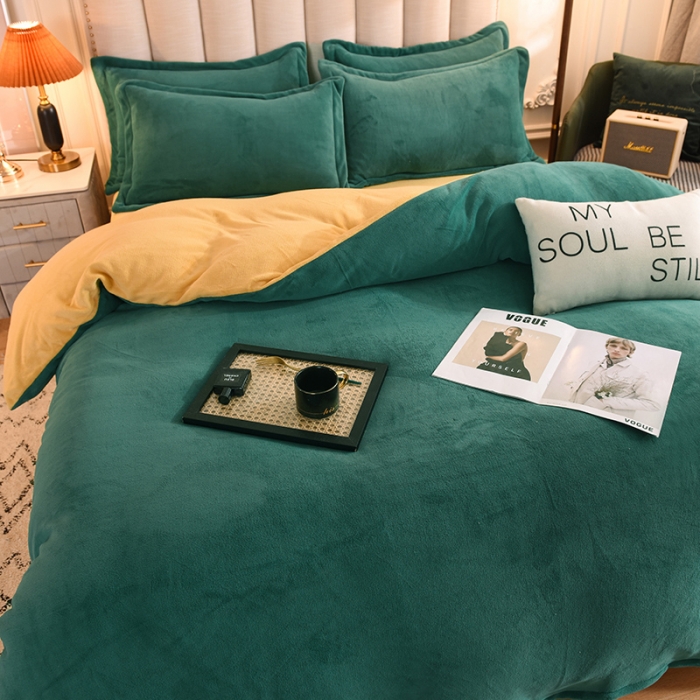 91家纺网 家纺一手货源 找家纺 甜之梦家纺2025新款牛奶绒四件套（可定制尺寸） 墨绿＋嫩黄