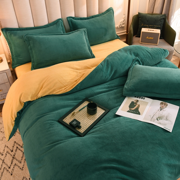 91家纺网 家纺一手货源 找家纺 甜之梦家纺2025新款牛奶绒四件套（可定制尺寸） 墨绿＋嫩黄