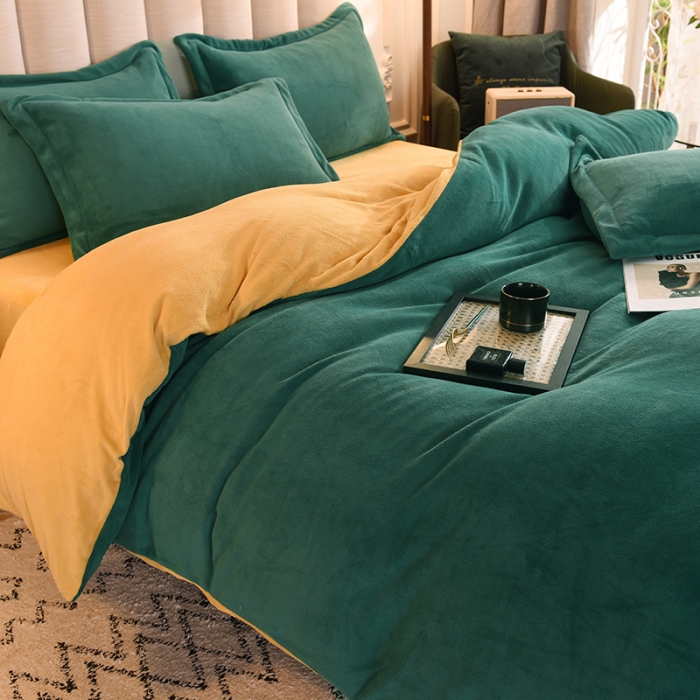 91家纺网 家纺一手货源 找家纺 甜之梦家纺2025新款牛奶绒四件套（可定制尺寸） 墨绿＋嫩黄