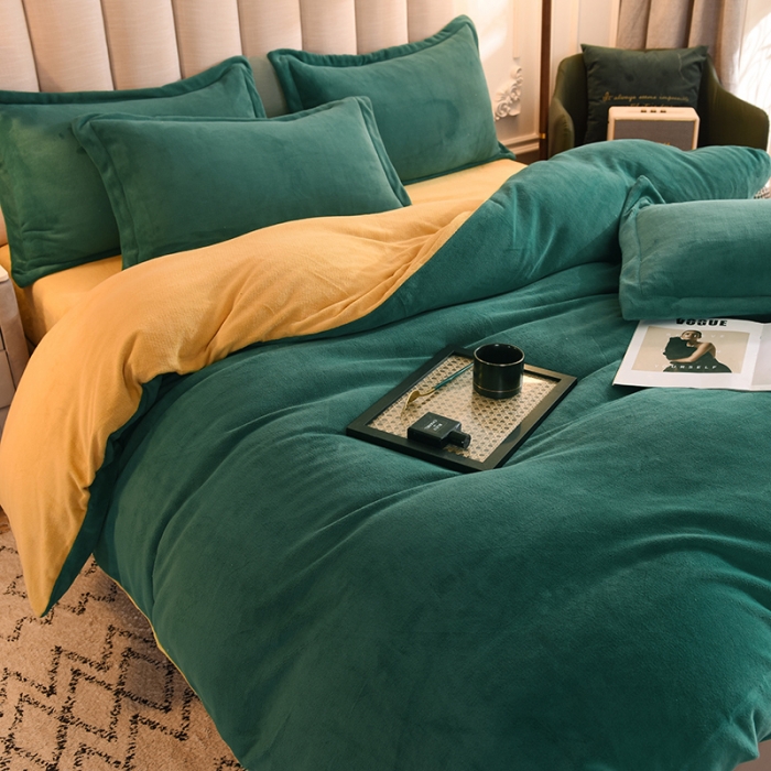 91家纺网 家纺一手货源 找家纺 甜之梦家纺2025新款牛奶绒四件套（可定制尺寸） 墨绿＋嫩黄