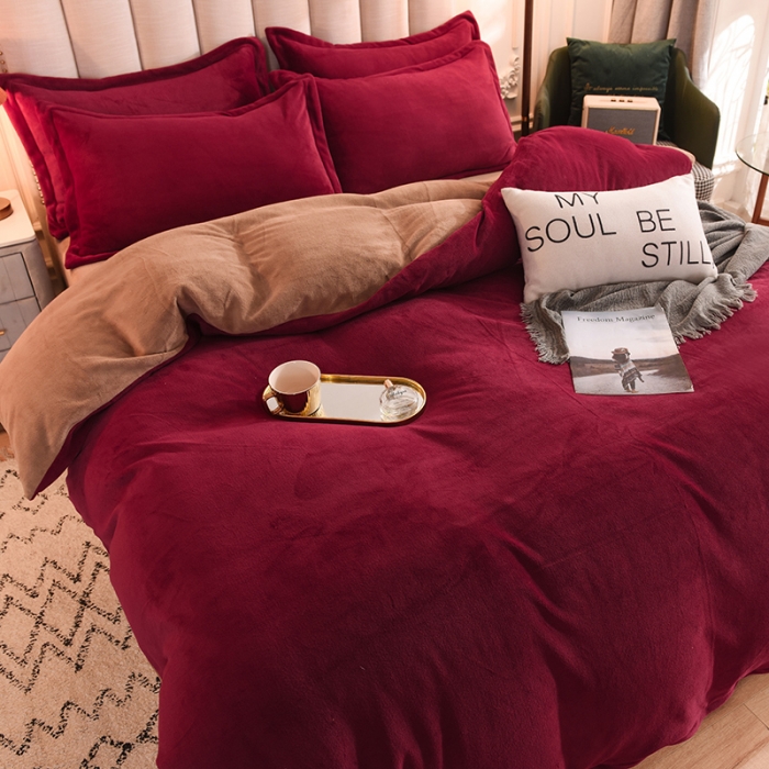 91家纺网 家纺一手货源 找家纺 甜之梦2025新款牛奶绒四件套（可定制尺寸） 洋酒红＋奶茶咖