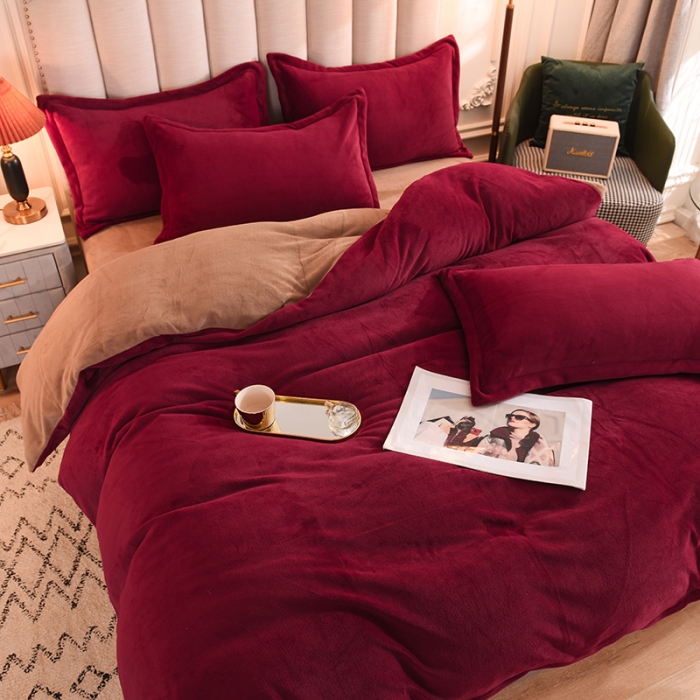 91家纺网 家纺一手货源 找家纺 甜之梦2025新款牛奶绒四件套（可定制尺寸） 洋酒红＋奶茶咖