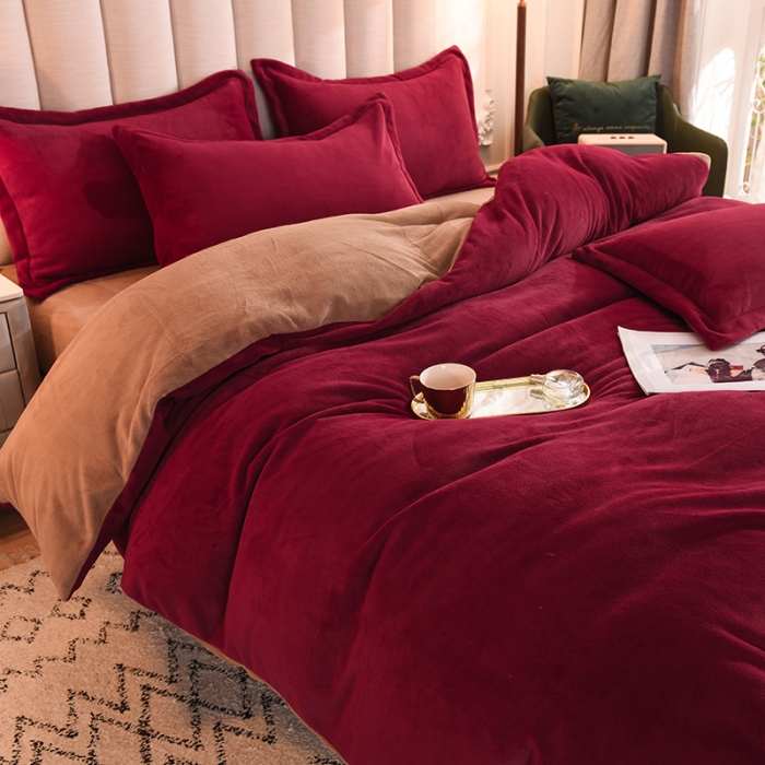 91家纺网 家纺一手货源 找家纺 甜之梦2025新款牛奶绒四件套（可定制尺寸） 洋酒红＋奶茶咖