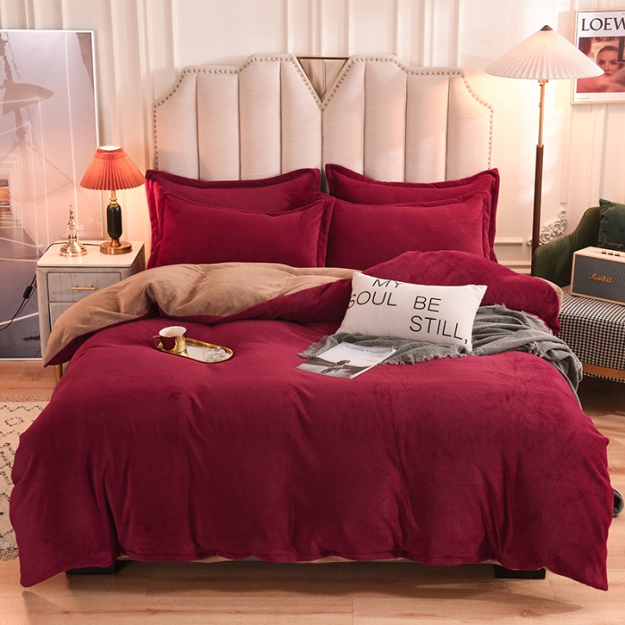 91家纺网 家纺一手货源 找家纺 甜之梦2025新款牛奶绒四件套（可定制尺寸） 洋酒红＋奶茶咖