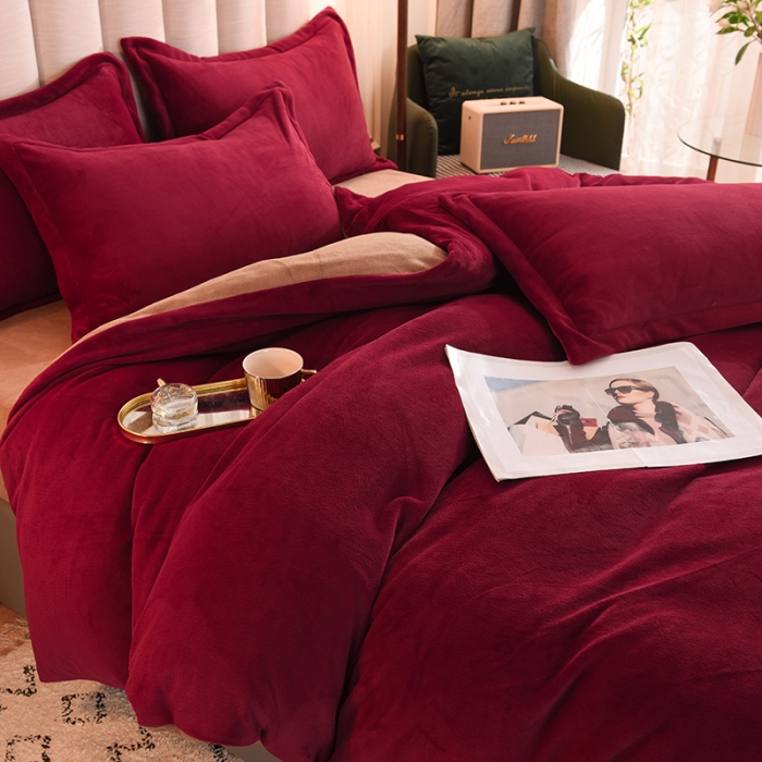 91家纺网 家纺一手货源 找家纺 甜之梦2025新款牛奶绒四件套（可定制尺寸） 洋酒红＋奶茶咖