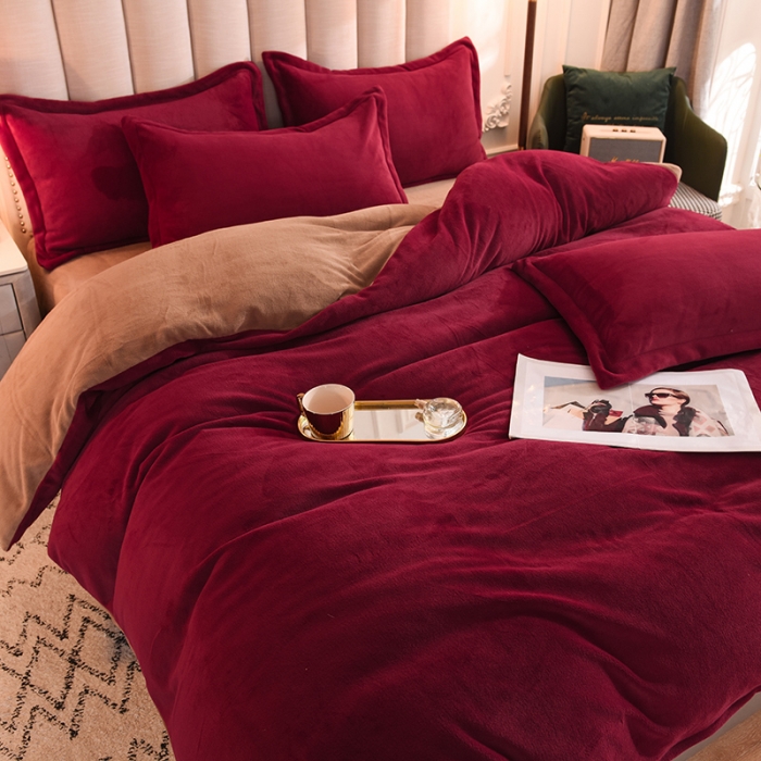 91家纺网 家纺一手货源 找家纺 甜之梦2025新款牛奶绒四件套（可定制尺寸） 洋酒红＋奶茶咖