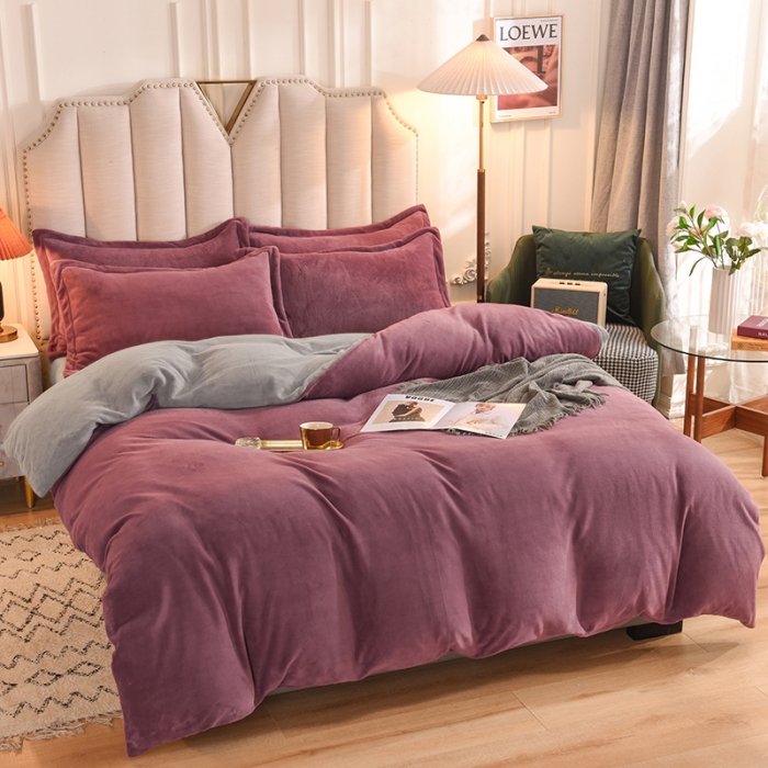 91家纺网 家纺一手货源 找家纺 甜之梦2025新款牛奶绒四件套（可定制尺寸） 紫豆沙+浅灰