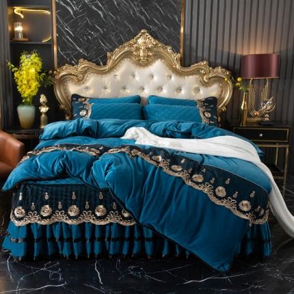 91家纺网 家纺一手货源 找家纺 能好家纺2022新款水晶绒夹棉床裙四件套牛奶绒四件套 月光蓝