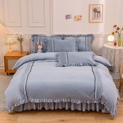 91家纺网 家纺一手货源 找家纺 绒兔兔 2021牛奶绒韩版揪花床裙四件套 潮蓝